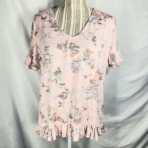 Cupio Blush Pink w/Multi Floral Print Ruffle Edged Short Sleeve Top Size Medium